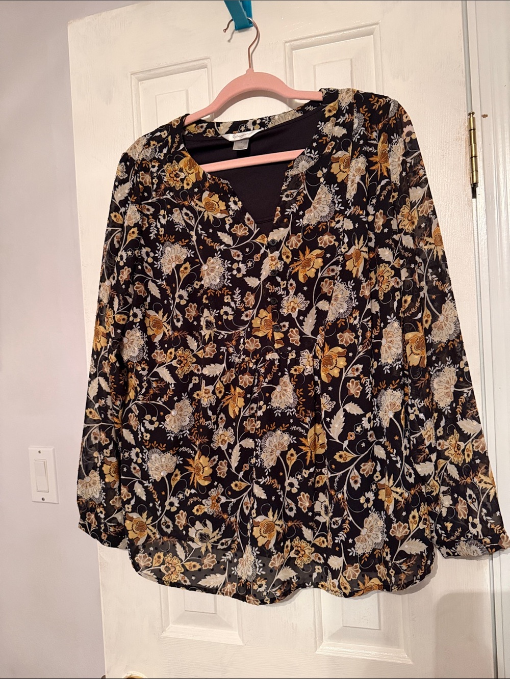 CJ Banks Black Floral V-Neck Blouse with Mustard and Cream Flowers
